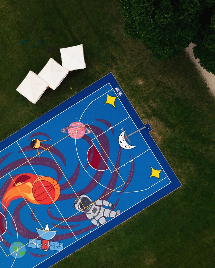 Aerial view of a painted basketball court